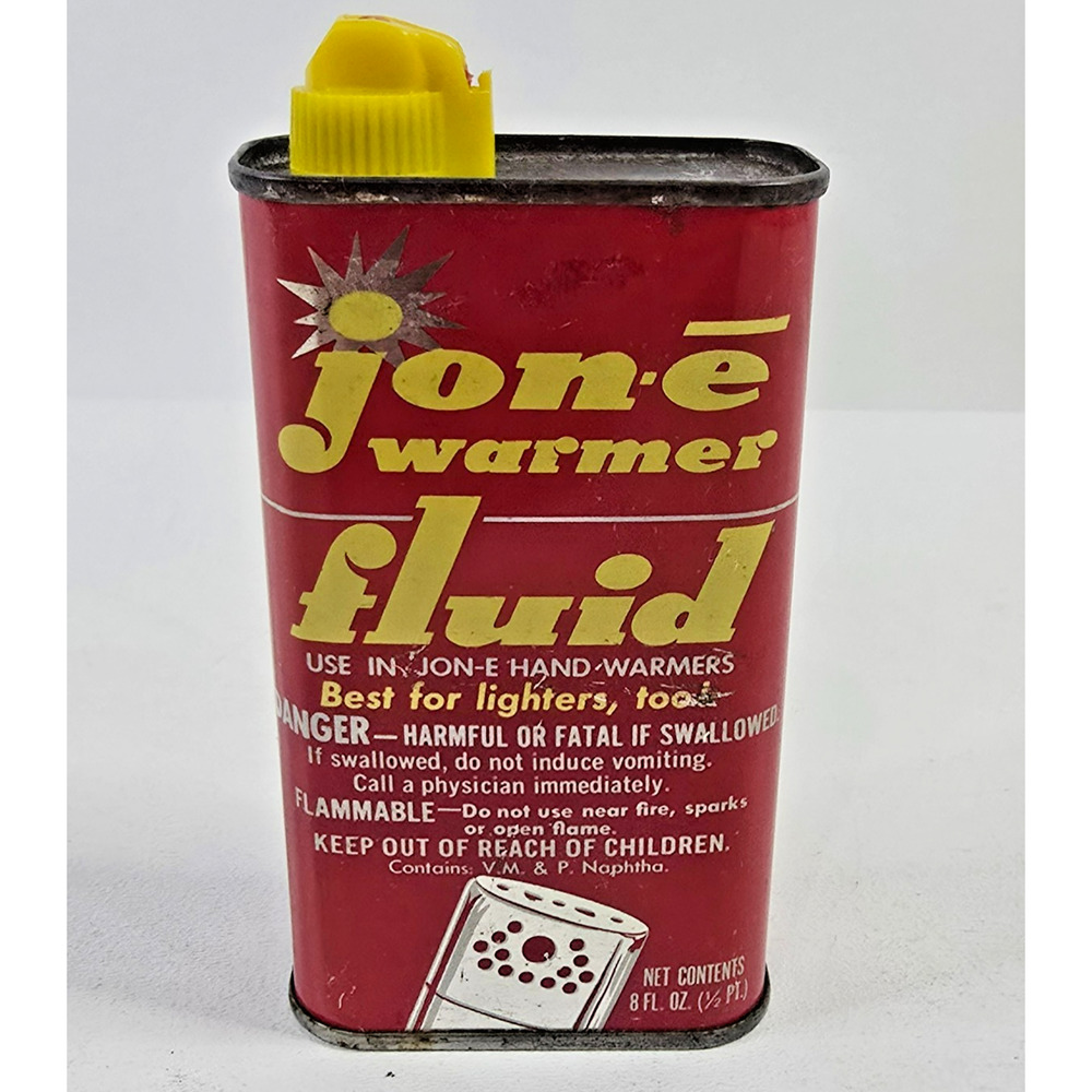 Vintage Jon-E Warmer Fluid Tin Advertising Can Hand Warmers
